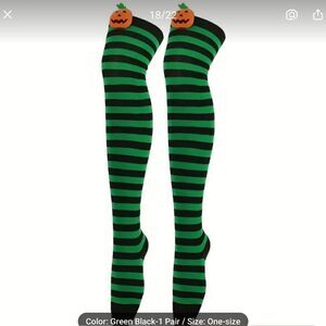 Halloween Green and Black Over Knee Long Striped Thigh High Socks w/Pumpkins